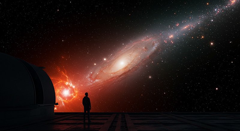Why can't we see past the cosmological horizon? 2 A person stands on a platform near an observatory, gazing at a vivid scene of galaxies and stars stretching all the way to the cosmological horizon.