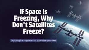 Two satellites and the International Space Station orbit above Earth; text asks why they don't freeze in space and highlights the importance of space thermal control in handling extreme temperatures.