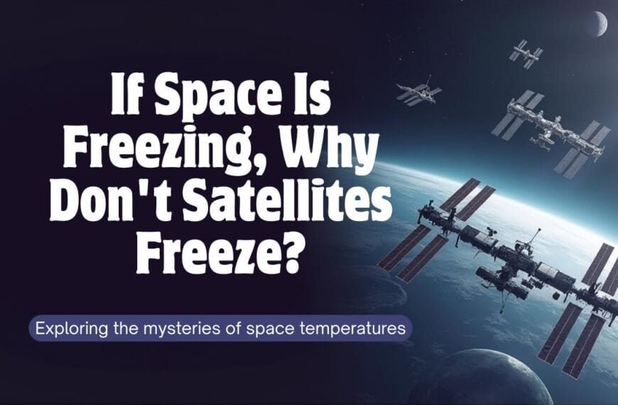 Two satellites and the International Space Station orbit above Earth; text asks why they don't freeze in space and highlights the importance of space thermal control in handling extreme temperatures.