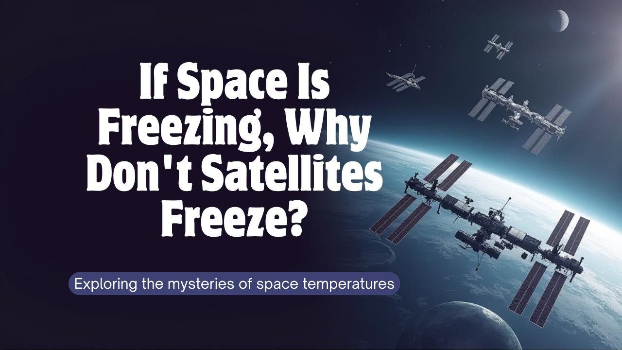 Two satellites and the International Space Station orbit above Earth; text asks why they don't freeze in space and highlights the importance of space thermal control in handling extreme temperatures.