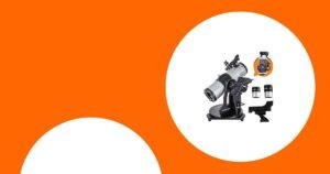 A telescope with its accessories, including two eyepieces and a handheld controller, displayed on an orange and white background.