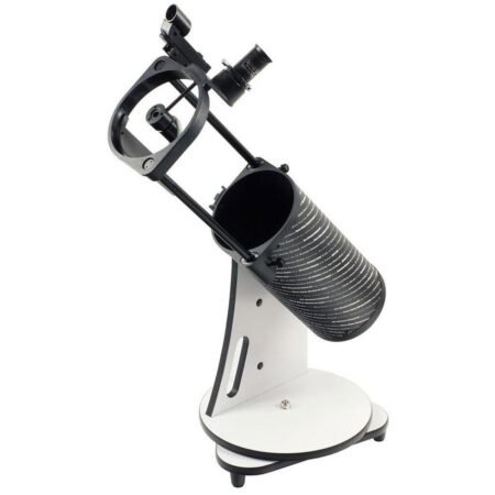 A tabletop Dobsonian telescope with a black cylindrical optical tube mounted on a white base, featuring a finder scope attached at the top.