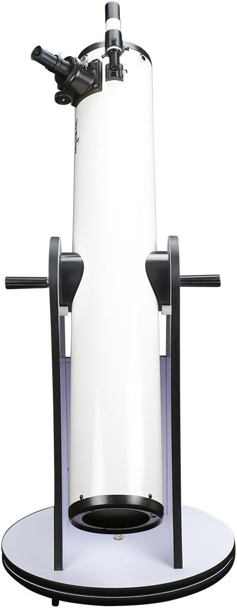 A white Dobsonian reflector telescope is mounted on a circular base, viewed from the front against a white background.