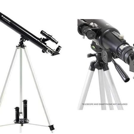 A black refractor telescope on a silver tripod with a smartphone adapter attached; an image of the moon is visible on the phone screen. Starry Night Astronomy Software is included.