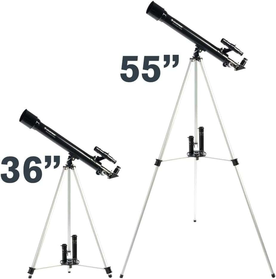 Two black telescopes on silver tripods are shown; the left telescope stands at 36 inches, and the right telescope stands at 55 inches.