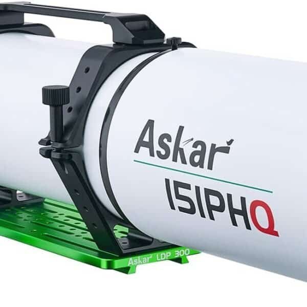 A white Askar 151PHQ refractor telescope with green mounting bracket and black handles, designed for astronomical observation.