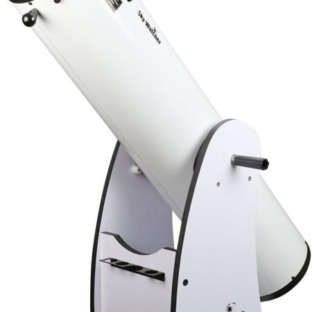 White Sky-Watcher Dobsonian telescope with a large cylindrical tube mounted on a swiveling base and attached eyepiece, designed for amateur astronomy observations.