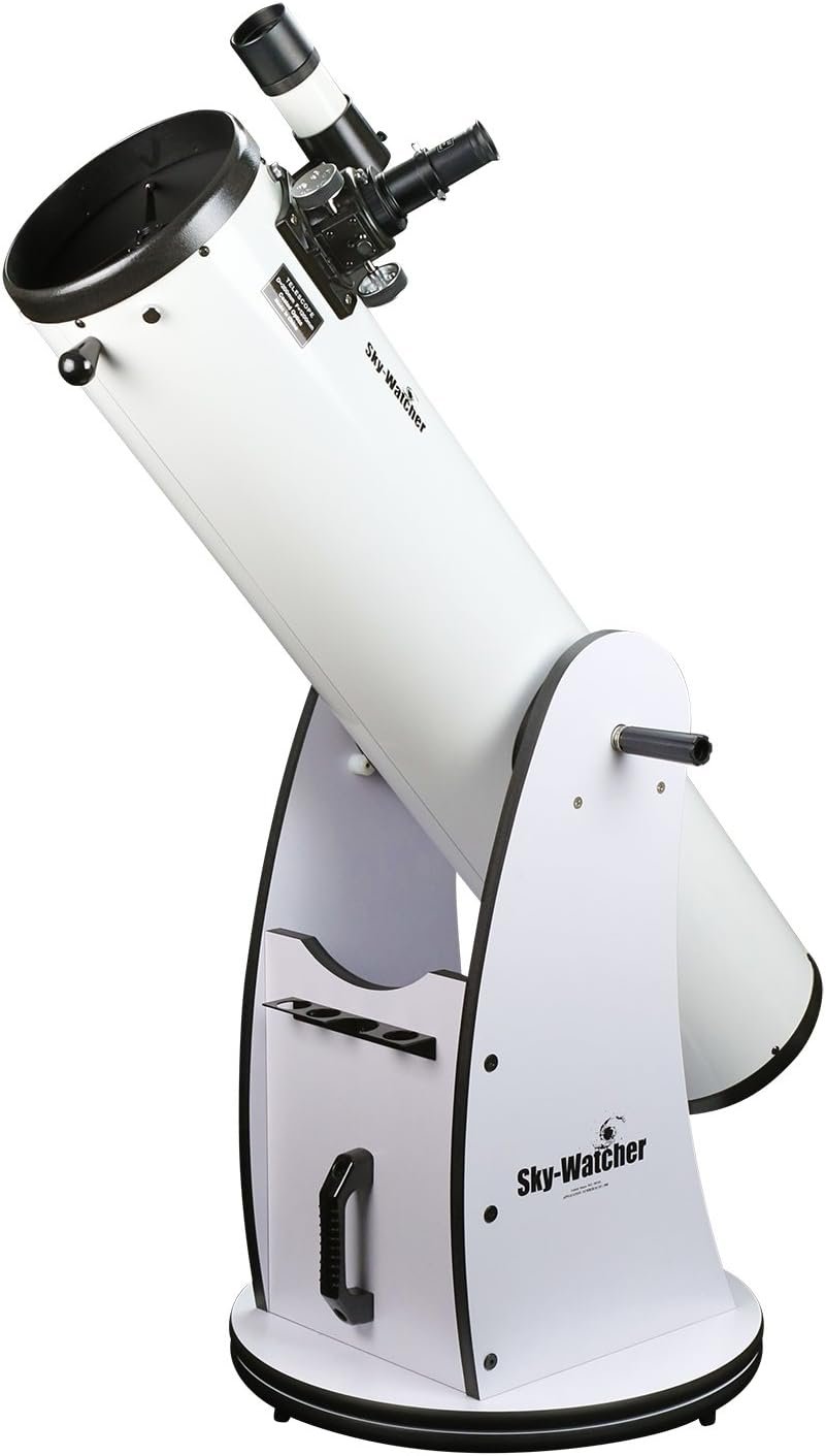 White Sky-Watcher Dobsonian telescope with a large cylindrical tube mounted on a swiveling base and attached eyepiece, designed for amateur astronomy observations.