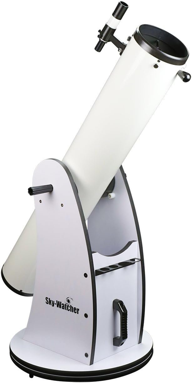 A white Sky-Watcher Dobsonian telescope with a large cylindrical tube mounted on a rotating base and a finder scope attached near the top.