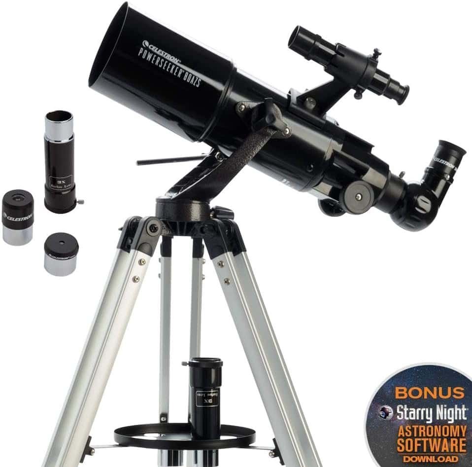 A black Celestron PowerSeeker 80AZS telescope on a silver tripod, shown with eyepieces and a bonus Starry Night astronomy software offer badge.