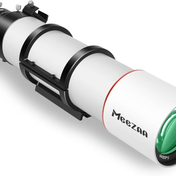 A white and black refractor telescope labeled "MeeZaa" with green lens and adjustment knobs, shown on a white background.