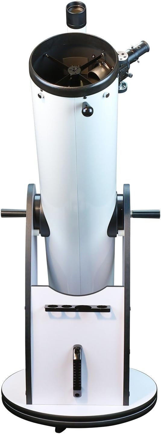 A white Dobsonian reflector telescope with a large cylindrical optical tube and a black base, viewed from the front.