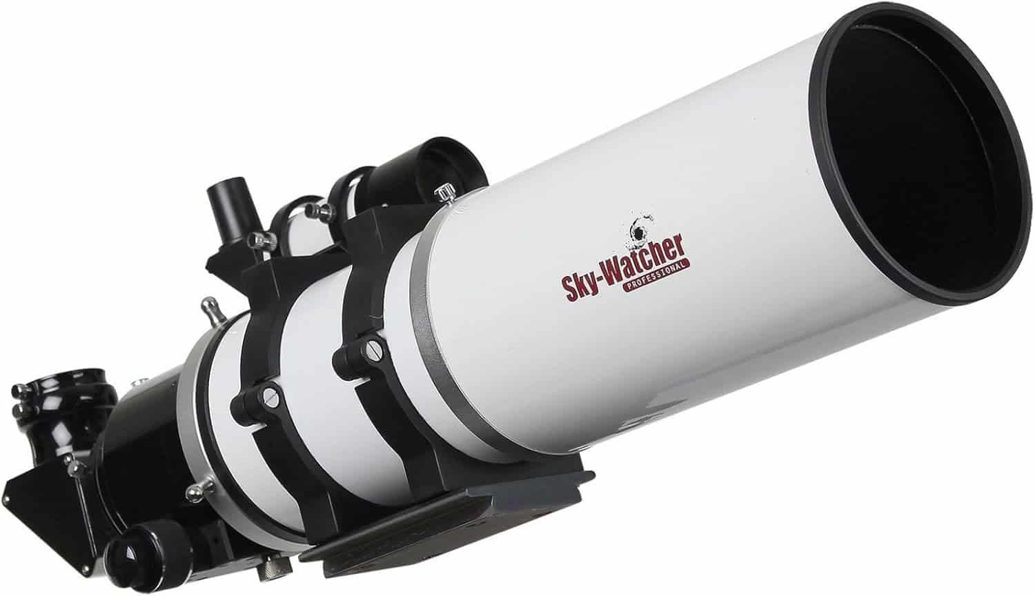 A white Sky-Watcher telescope with black mounting hardware is displayed against a plain background.