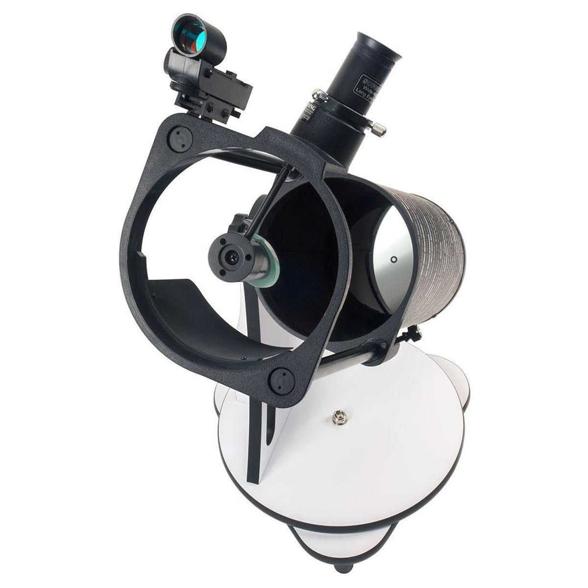A top-down view of a tabletop Dobsonian telescope showing its open tube, primary mirror, and attached red dot finder.