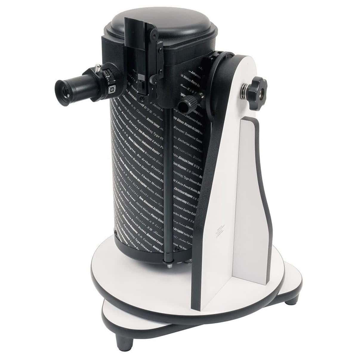 Tabletop Dobsonian telescope with a cylindrical optical tube, side-mounted focuser, and a sturdy white base.