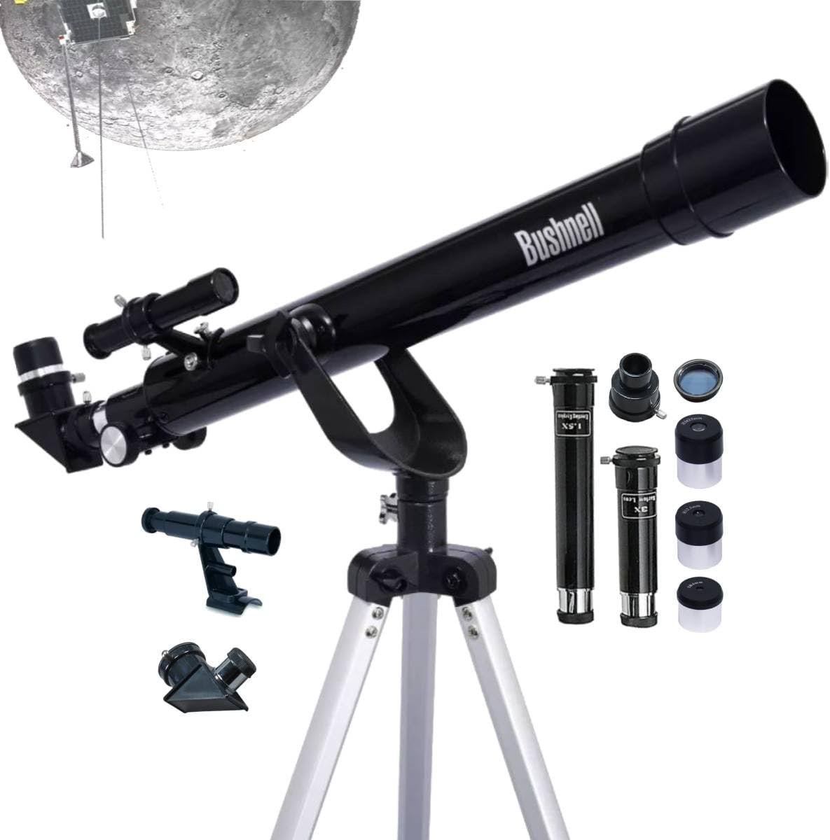 Compare 2 A black Bushnell telescope on a tripod is shown with various eyepieces, lenses, and accessories; a large image of the moon is in the background.