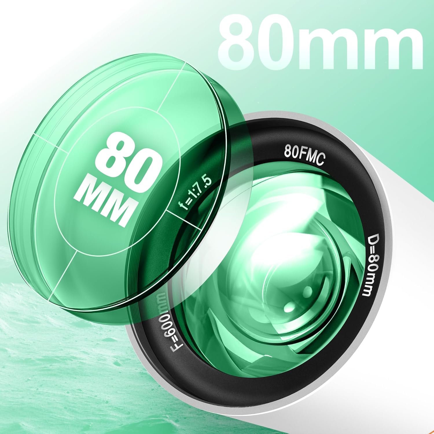 Close-up of a green-tinted 80mm camera or telescope lens with markings indicating "80FMC," "F=600mm," "f=7.5," and a transparent lens cap labeled "80 MM.