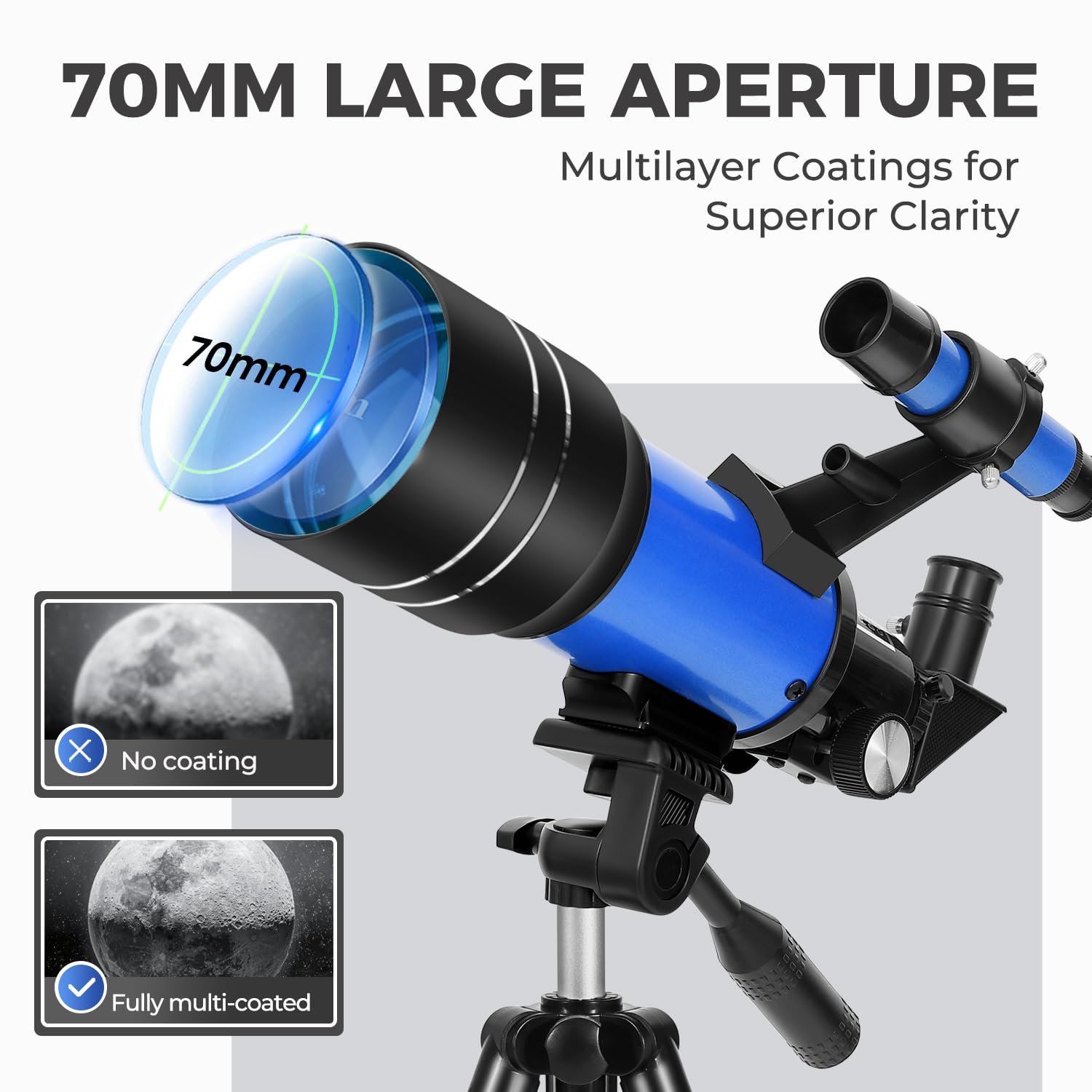 A blue telescope with a 70mm large aperture is mounted on a tripod, showing a comparison of moon images with and without lens coating. Text highlights multilayer coatings for clarity.