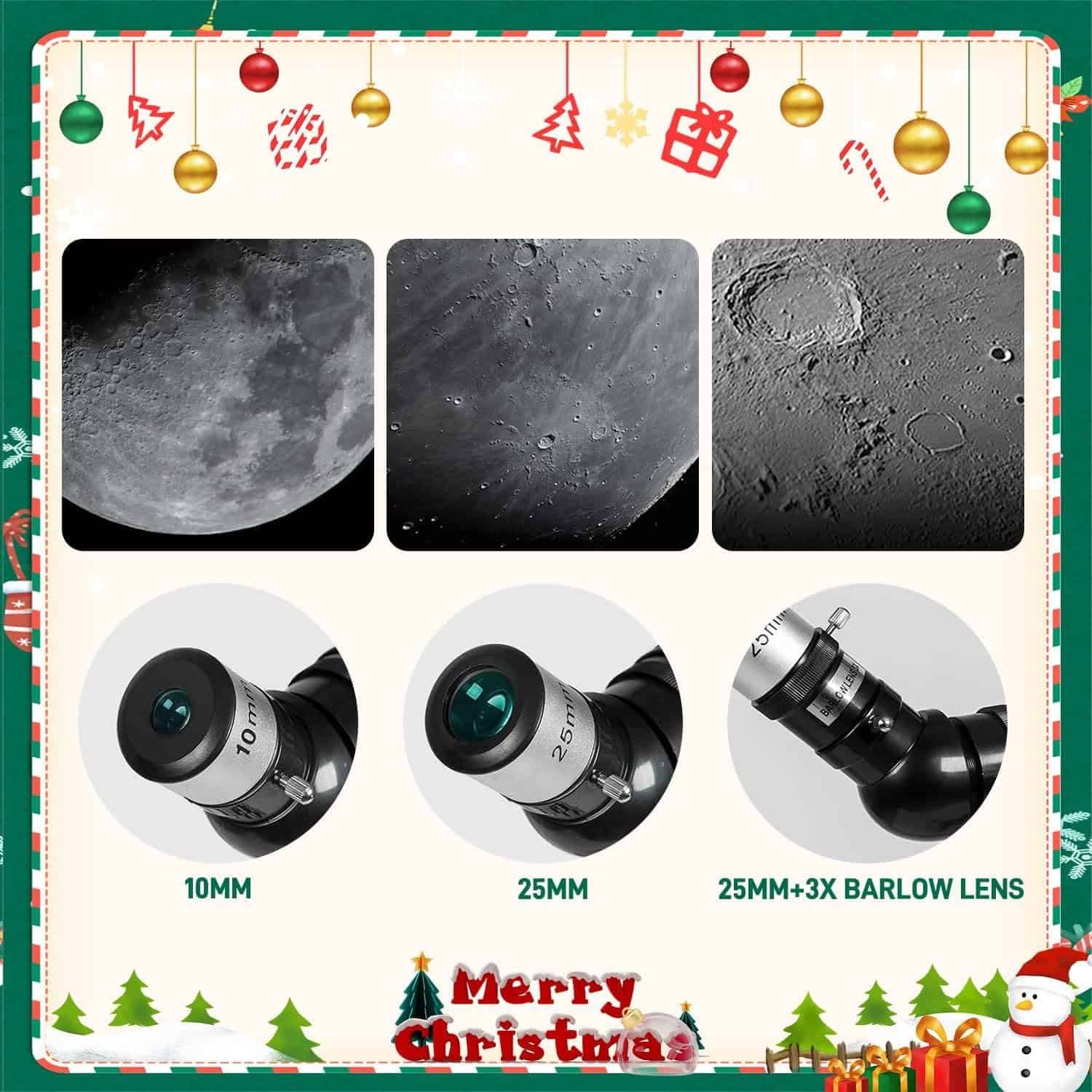 A festive Christmas-themed graphic shows detailed moon photos, three telescope eyepieces labeled 10mm, 25mm, and 25mm+3X Barlow lens, with decorations and "Merry Christmas" text.