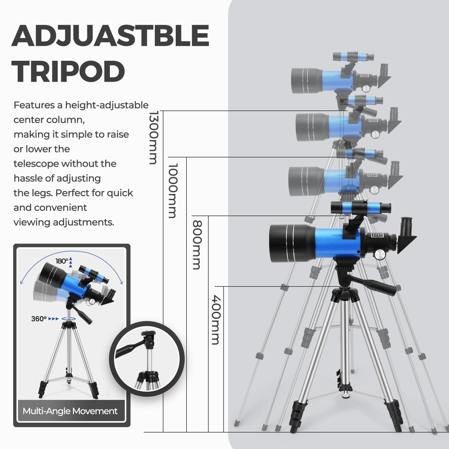 A blue telescope mounted on an adjustable silver tripod is shown at different heights from 400mm to 1300mm, highlighting its multi-angle movement and height-adjustable center column.