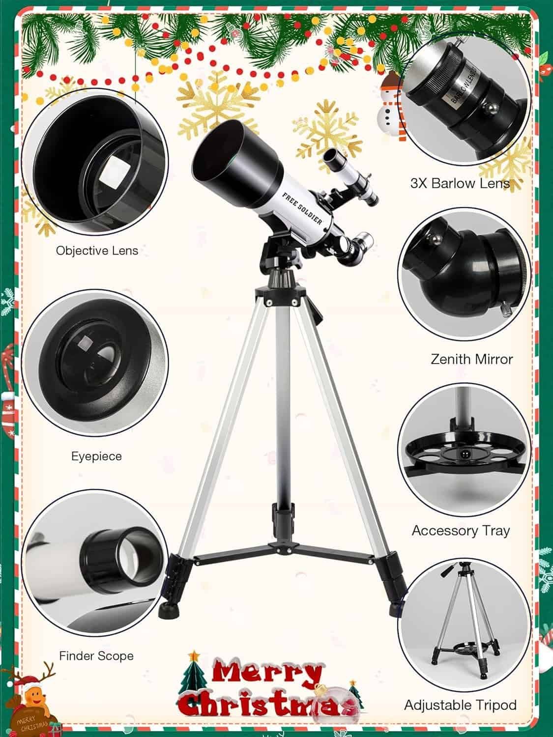 Diagram of a telescope with labeled parts, including objective lens, eyepiece, finder scope, 3X Barlow lens, zenith mirror, accessory tray, and adjustable tripod. Christmas-themed border.