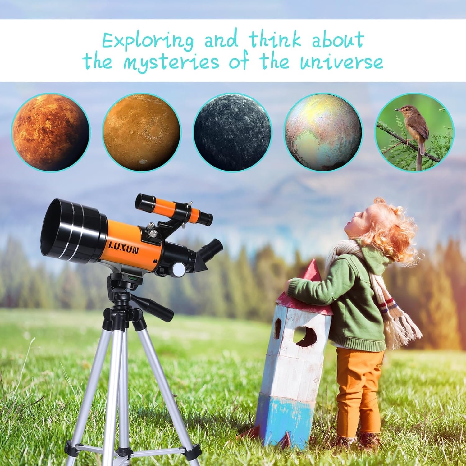A child stands outdoors holding a cardboard rocket near a telescope, looking up at the sky, with images of planets and a bird displayed above.