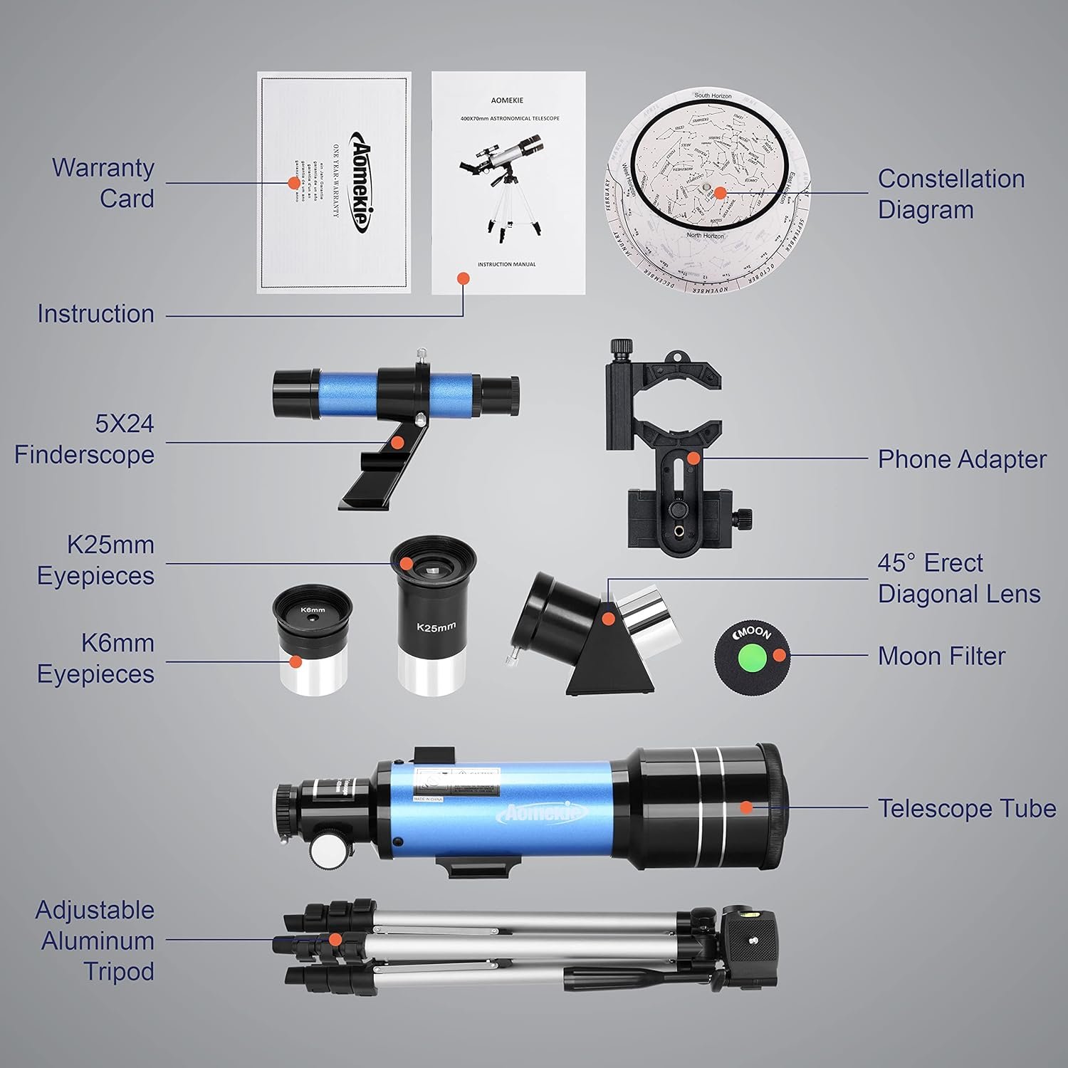 A labeled layout of a telescope kit showing a telescope tube, tripod, eyepieces, finderscope, diagonal lens, moon filter, phone adapter, instructions, and constellation diagram.