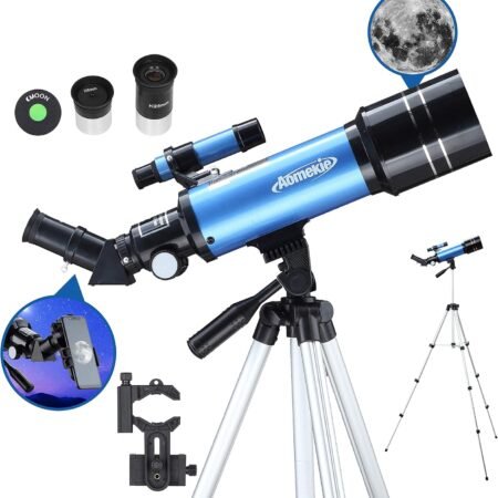 A blue Admekio telescope on a tripod with two eyepieces, a phone adapter, and close-up images of the moon and a night sky.