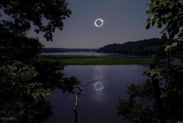 From Which Planet Can We Have a Better View of the Sun? 6 A solar eclipse is visible over a calm lake, with its reflection seen in the water and trees framing the scene.