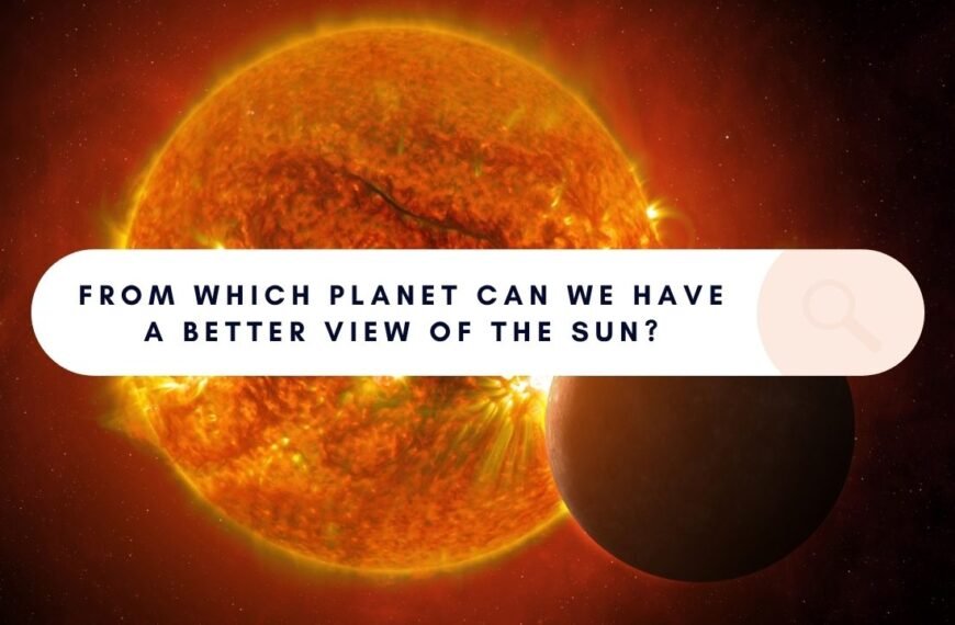 A planet is silhouetted in front of a bright, fiery sun with text asking, “From which planet can we have a better view of the sun?”.