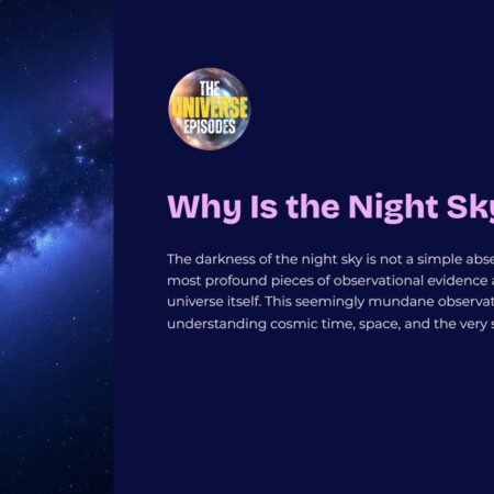 A starry night sky appears on the left, with text on the right asking "Why Is the Night Sky Dark?" and its cosmic significance. Download "Why Is the Night Sky Dark? - PDF download - 8 Pages" for a deeper exploration.