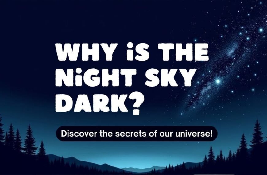 A starry night sky above a dark forest with the text: "Why is the night sky dark? Discover the secrets of our universe!.
