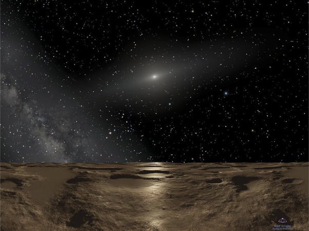 From Which Planet Can We Have a Better View of the Sun? 10 A rocky, cratered surface under a star-filled sky with a bright galaxy and the Milky Way visible in the background.