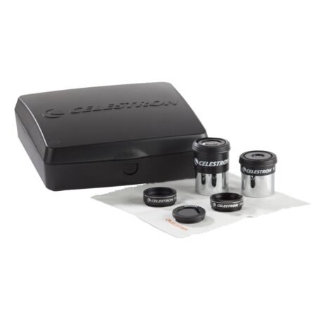 A Celestron-branded case with five telescope eyepieces and accessories arranged in front, including a cleaning cloth.