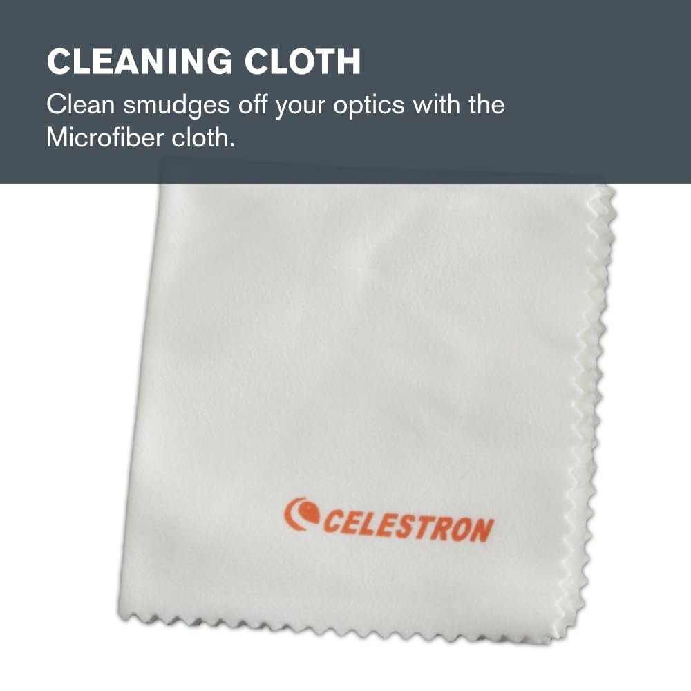 A white microfiber cleaning cloth with serrated edges and an orange Celestron logo, used for cleaning optics, is shown against a plain background.