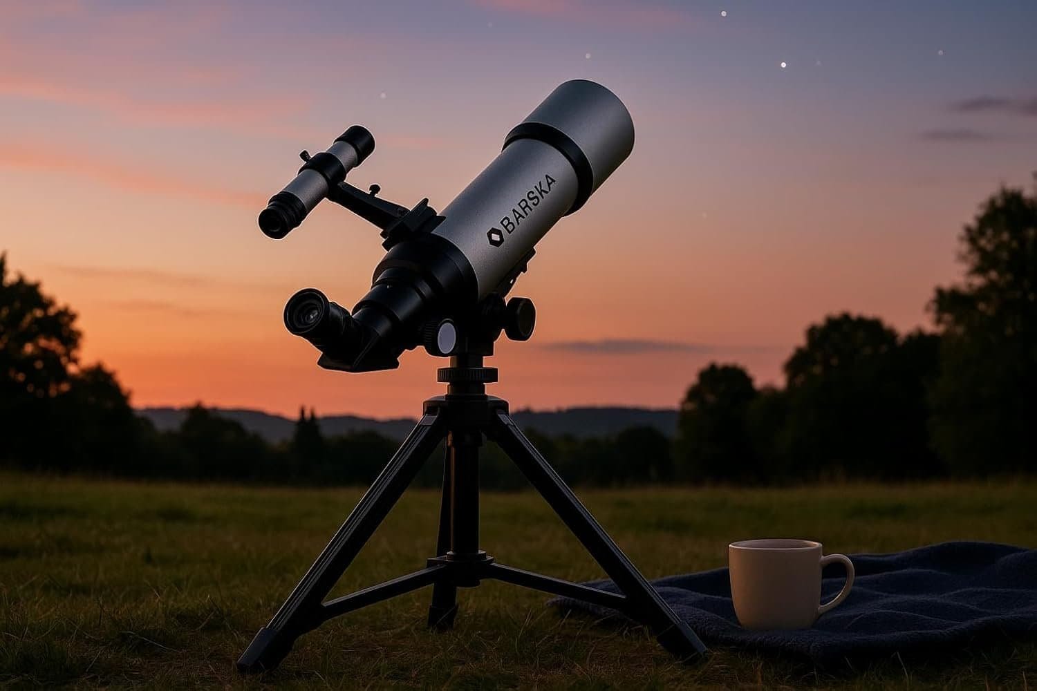 A Barska telescope on a tripod stands on grass at dusk, with a cup and a blanket nearby, silhouetted against a colorful sunset sky.