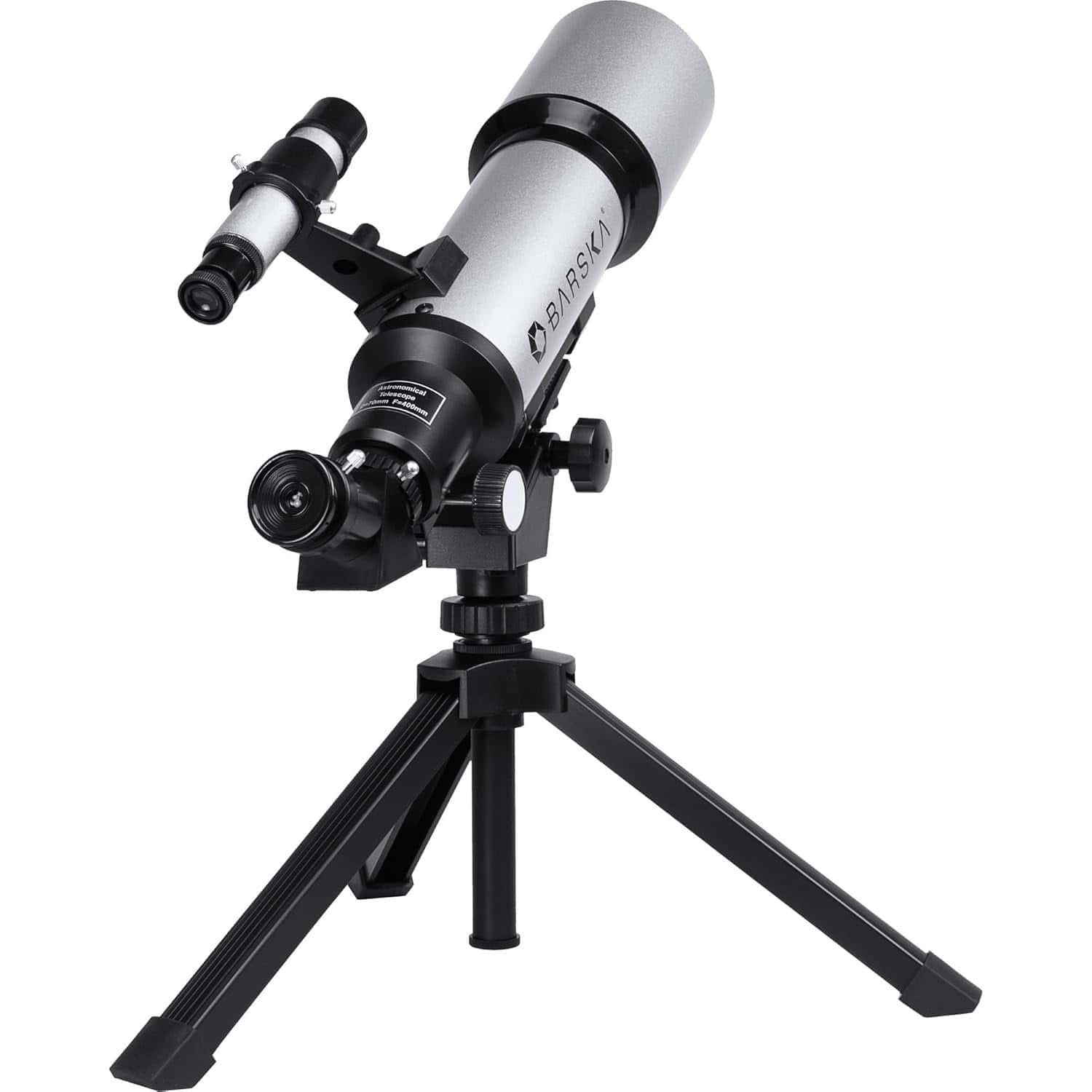A silver and black Barska refractor telescope mounted on a short, black tripod, with an attached finder scope and eyepiece.