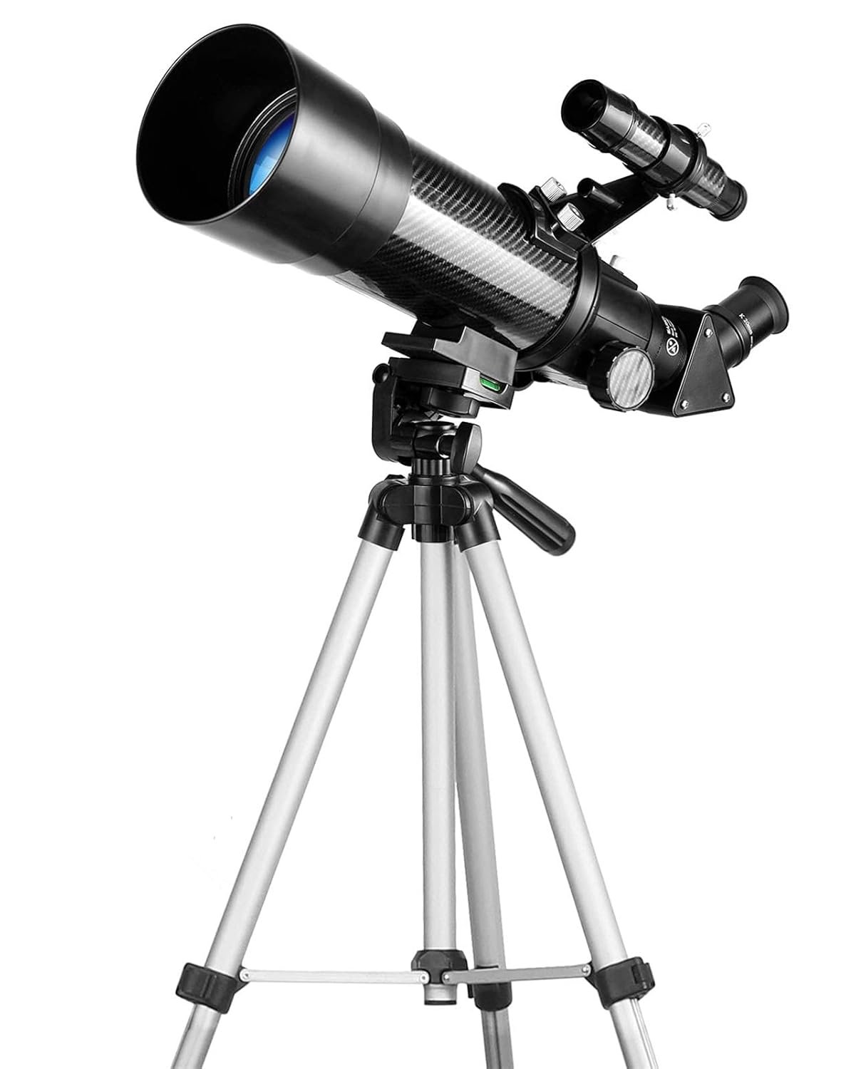 A black and silver refractor telescope with a tripod stand, featuring adjustment knobs and a finderscope attached near the main lens.