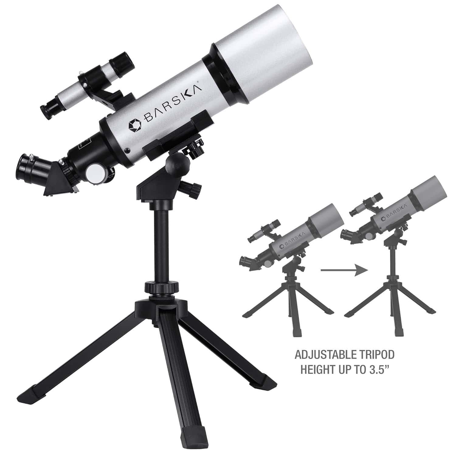 A Barska telescope mounted on an adjustable tripod, with a diagram showing the tripod height adjustment up to 3.5 inches.