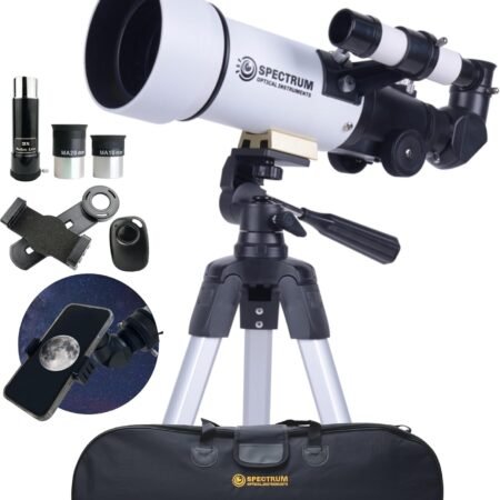 A white and black telescope on a tripod with accessories including eyepieces, a phone mount, a bag, and a close-up image of the moon on a smartphone screen.