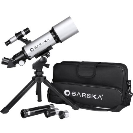 A silver and black Barska telescope on a small tripod, with a black carrying case and three additional eyepieces displayed in front.
