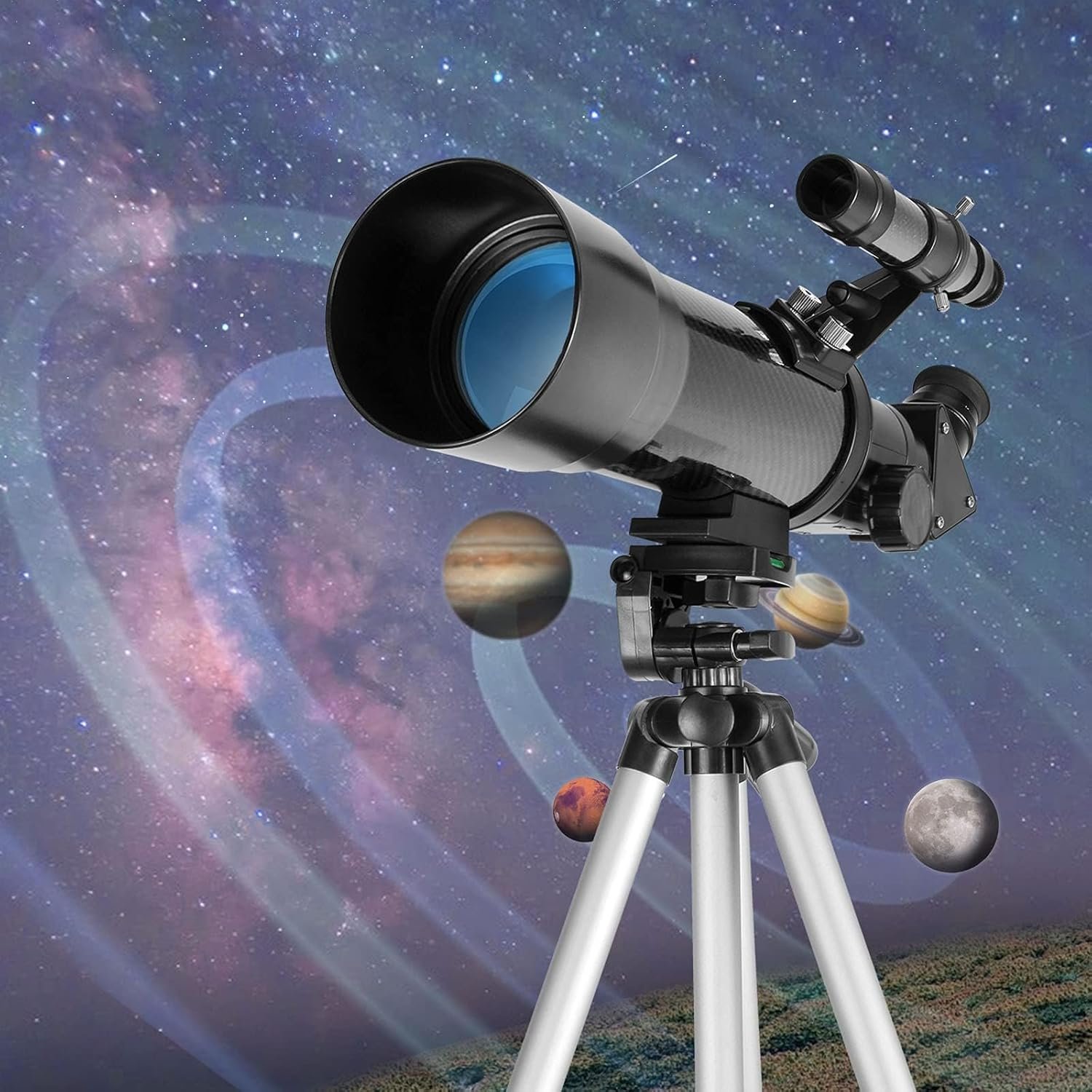 A black telescope on a silver tripod is set against a space-themed background showing planets, stars, and the Milky Way galaxy.