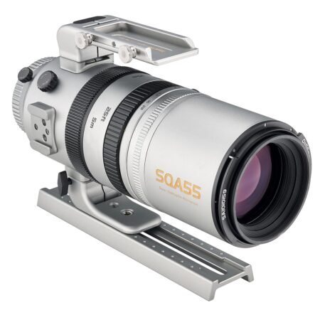 A silver telephoto camera lens labeled SQA55, mounted on a metal rail system, with manual adjustment rings and a mounting bracket.