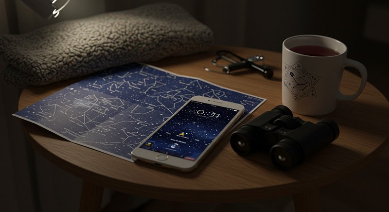 What Does Astronomy Mean? 5 A wooden table with a star map for astronomy, a smartphone, binoculars, a folded blanket, eyeglasses, and a white mug filled with a red beverage.