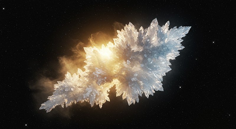 If you poured water into space, would it freeze or evaporate first? 3 A bright, jagged, crystal-like formation floats in space with a glowing light and faint clouds behind it against a starry black background.