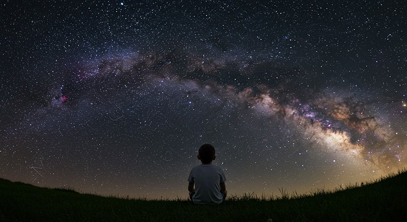 What Does Astronomy Mean? 4 A child sits on grass at night, gazing up at a clear sky filled with stars, the visible arc of the Milky Way galaxy inspiring awe and curiosity about astronomy.