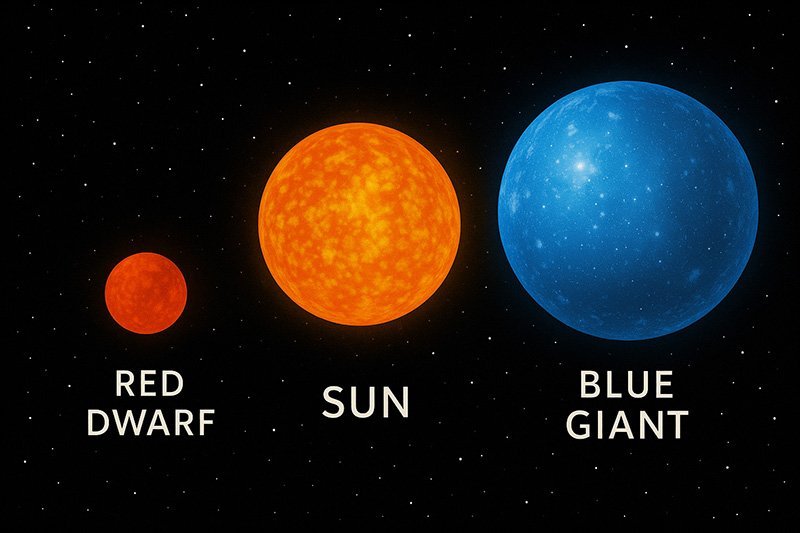 Illustration comparant la taille d'une naine rouge, du Soleil et d'une géante bleue sur un fond étoilé noir, offrant une perspective sur la diversité stellaire parmi les innombrables étoiles de notre galaxie.