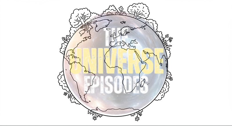 Illustration of Earth with visible continents and bold "THE UNIVERSE EPISODES" text, surrounded by trees—perfect for kids who love the Free Printable Earth Coloring Pages for Kids – Cute and Easy to Color.