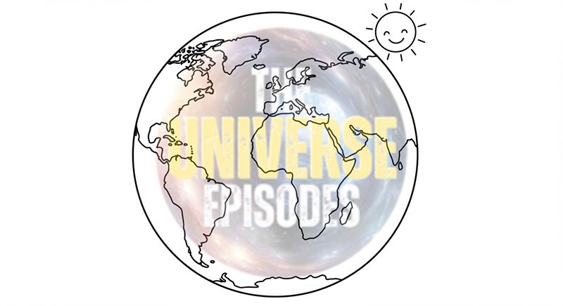 Free Printable Earth Coloring Pages for Kids – Cute and Easy to Color features a simple Earth drawing with faint continents, a smiling sun, and "UNIVERSE EPISODES" on a cosmic background—ideal as fun printable activities.