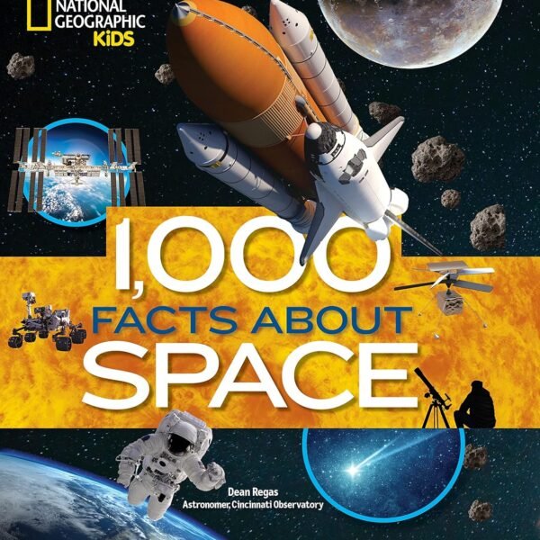 Cover of 1,000 Facts About Space - Wry Trivia Book features a space shuttle, planets, satellites, a rover, and a telescope set against a vivid starry background.